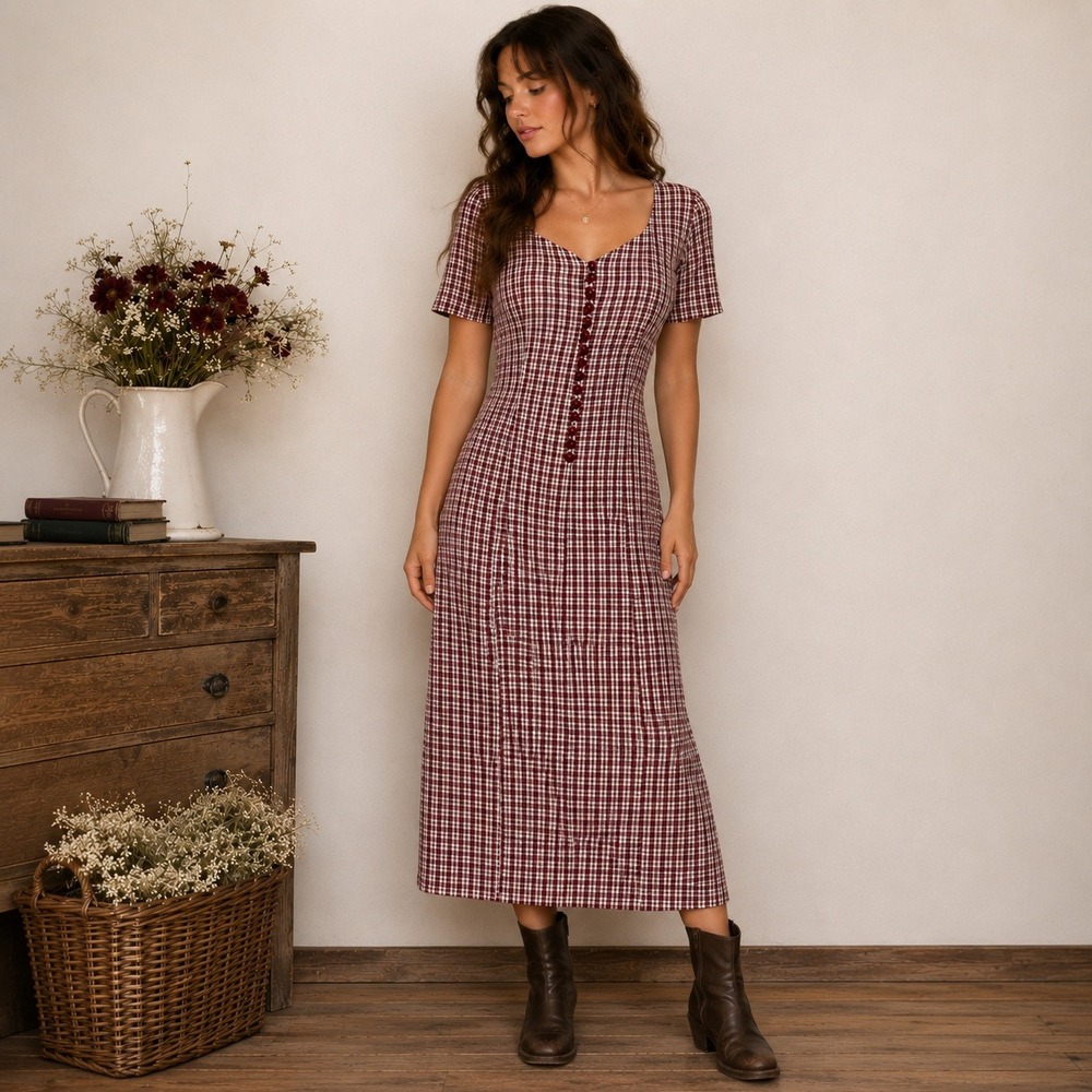 Vintage Gingham Maxi Dress Cottagecore Plaid Prairie Western Boho Size 11/12